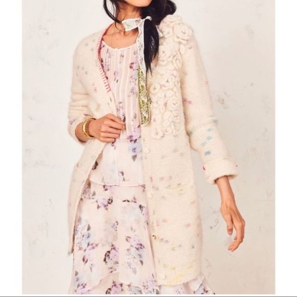 LoveShackFancy Emmanuelle Cardigan Moonrise Sweater Alpaca S Cream Long Flowers - Picture 4 of 14